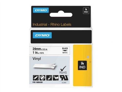 Dymo rhino coloured vinyl - vinyl tape - black on white - roll (1 in x 1 1805430 for sale