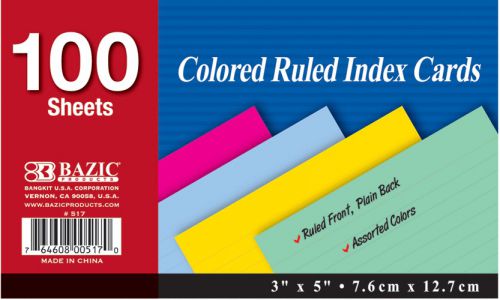 BAZIC 100 Ct. 3&#034; X 5&#034; Ruled Colored Index Card, Case of 36