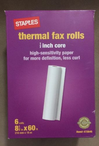 NEW 6 Rolls Staples Thermal Fax Paper 1/2 inch Core 8.5&#034; in x 60&#039; ft Free Ship