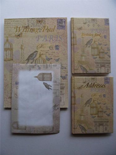 Stationery Set Paris Writing Pad Envelopes Address &amp; Birthday Book, 4 Piece Set
