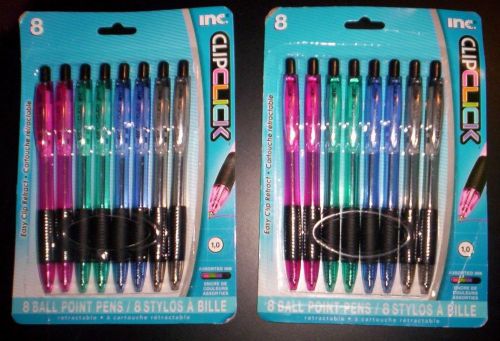 16 ClipClick Ball Point Pens Assorted Ink Colors~Easy Clip~8 in each pack