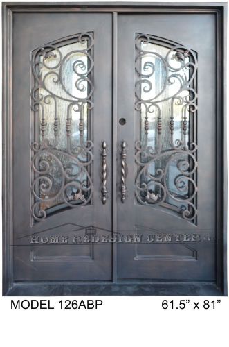 Iron entry double doors,doors with iron works, oper able glass panels, in-stock for sale