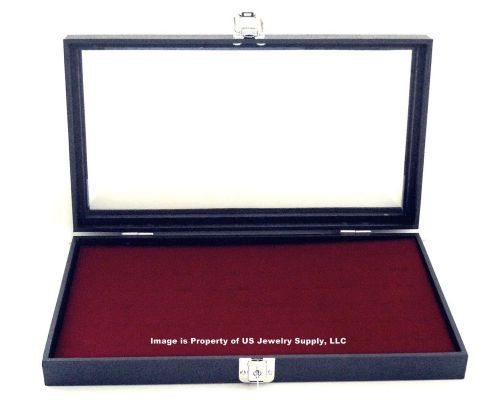 Key Lock Locking Glass Top Lid 72 Ring Burgundy Jewelry Display Box Storage Case