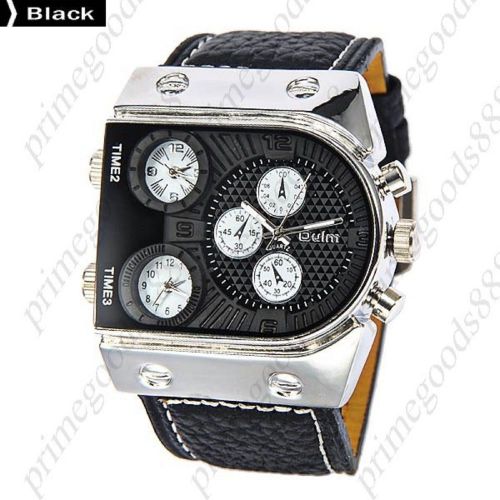 3 time zone zones leather band sub dials analog quartz men&#039;s wristwatch black for sale