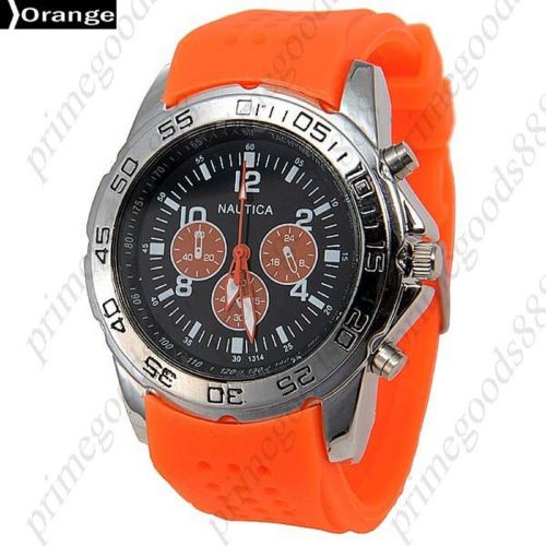 Rubber round quartz analog 3 false sub dials wrist men&#039;s wristwatch orange for sale