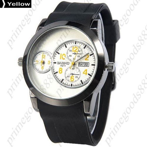 2 time zone zones black rubber band date analog quartz men&#039;s wristwatch yellow for sale