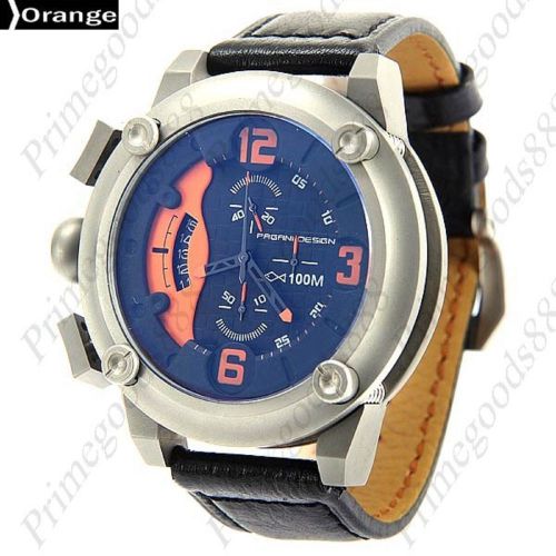 High end silver case leather quartz sub dials date men&#039;s wrist wristwatch orange for sale