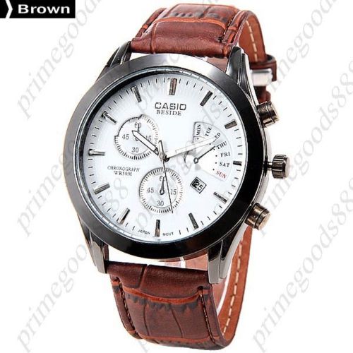 Genuine leather band analog quartz 3 false sub dials men&#039;s wristwatch brown for sale