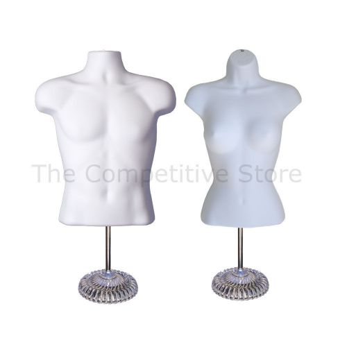 Torso male + female (waist long) w/ economic plastic base mannequin set - white for sale