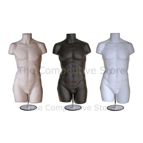 3 super male black + flesh +white mannequin dress forms w/ metal base - for s-m for sale