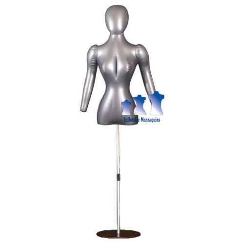 Inflatable Female Torso w/ Head &amp; Arms, Silver and Aluminum Adjustable Stand
