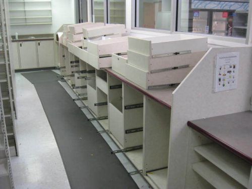 Open bay pharmacy rx shelving and rx work counters for sale