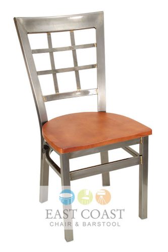New gladiator clear coat window pane metal restaurant chair w/ cherry wood seat for sale