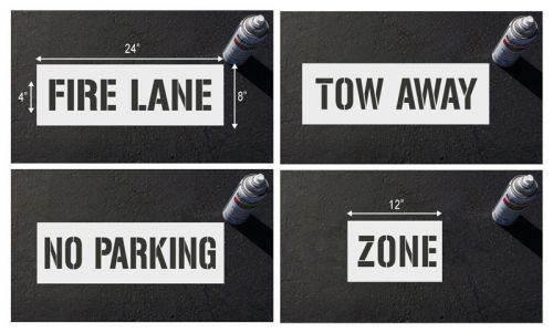 4&#034; fire lane, no parking, tow away, zone stencils for parking lot &amp; curb blocks for sale
