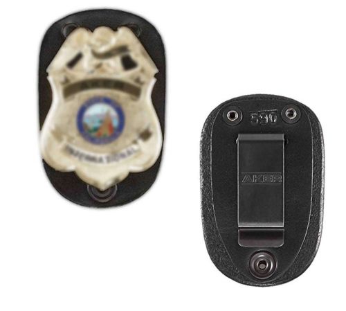 Aker police black leather federal agent badge shield belt clip on holder case for sale