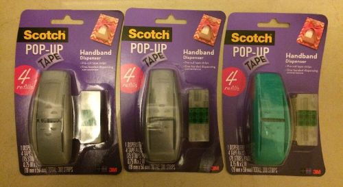New! Lot of 3 Scotch Pop Up Tape Handband Dispenser w/ 4 Refills Per Pack