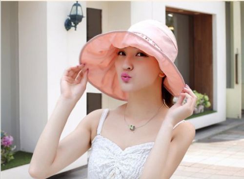 Pink collapsible woman girl wide edge anti-uv bowknot summer sunshine beach cap for sale