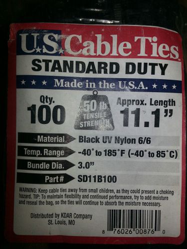11.1-Inch Heavy Duty Standard Cable Tie, UV Black Nylon, 100-Pack 50 LB Test USA