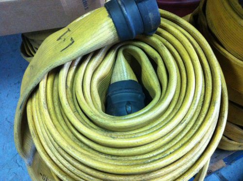 2-1/2&#034;x50&#039; vintage yellow rubber fire hose snap-tite, solid brass nh couplings for sale