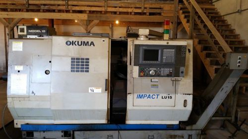 LU-15 Okuma &#034;Impact&#034; CNC Lathe Chuck, Live Tooling, Tail Stock w/ chip conveyor