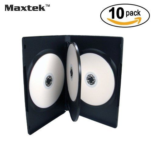 Maxtek 10 Pack Standard 14mm Black Quad 4 Disc DVD Cases with Double Sided Flip