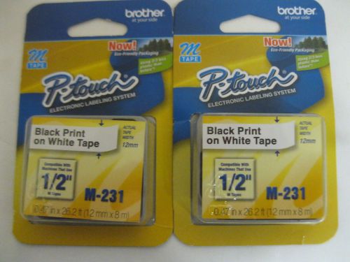 2 NEW SEALED GENUINE Brother P-Touch Label Tapes M231 1/2&#034; Blk/Wht Ships FREE!