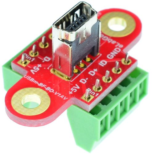 Mini USB Type B Female socket breakout board Vertical, eLabGuy USBm-BF-BO-V1AV