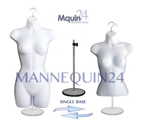 SET OF 2 FEMALE MANNEQUINS (HIP LONG &amp; WAIST LONG) + 1 STAND + 2 HANGERS ^ WHITE