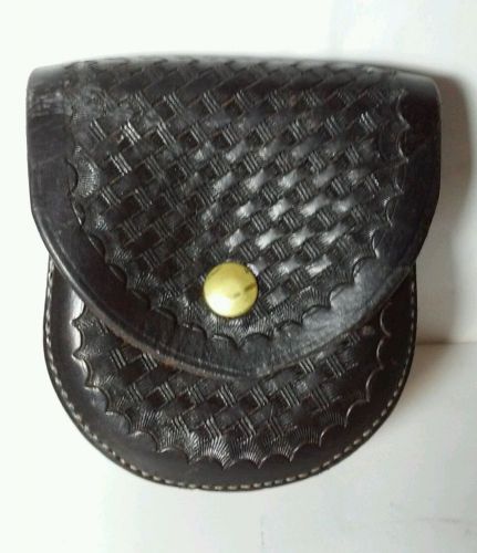 HANDCUFF CASE BASKETWEAVE BRASS  SNAP BROWN LEATHER