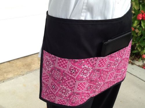 Black pink bandanna 3 pocket waitress waist apron  resturants cafe classyaprons for sale