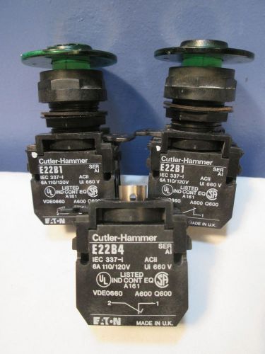 3USED CUTLER HAMMER PUSH PULL MOMENTARY PUSHBUTTON 2GREEN CAPS &amp; 3 PB BASES 120V