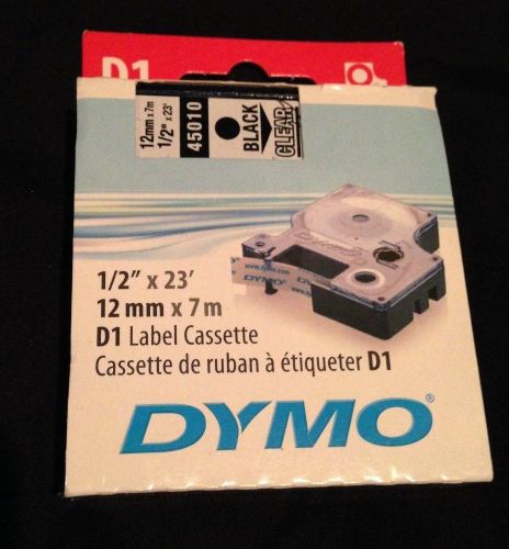Dymo D1 Label Cassette NEW 1/2&#034; (12mm) #45010 Black on Clear!