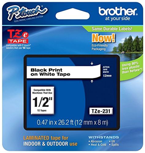 Brother P-touch ~1/2&#034; (0.47&#034;) Black on White Standard Laminated Tape - 26.2 ft.
