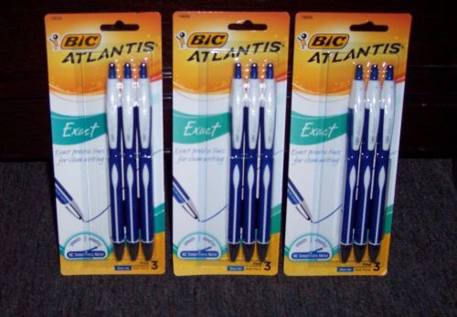 3 NEW PKGS BIC ATLANTIS EXACT BALL POINT PENS FINE POINT BLUE INK PRECISE LINES