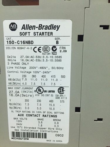 Allen Bradley 150-C16NBD, SMC-3, 10 HP 480 Volt Soft Starter