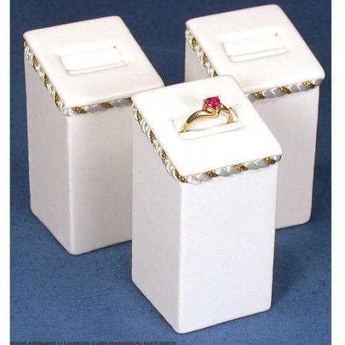 3 White Faux Leather Ring Display Stands W/Gold Trim