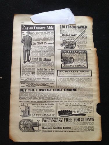 Original 1910 Hit~Miss Stationary Engine Ad~Galloway~Witte~Thompson~Temple Pump