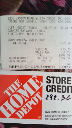 292.32 Home Depot Store Credit Card For $275.00 PLUS FREE SHIPPING