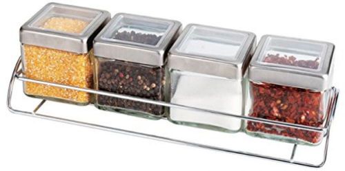 Empty glass storage with rack and serving spoons square spice containers jars - for sale