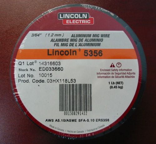 Lincoln electric 5356 aluminum mig wire 3/64&#034; (1.2mm) - 1 lb spl - ed033660 for sale