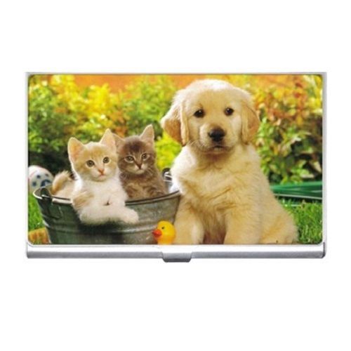 Cute Golden Retriever Kitty Puppies Dogs- Business Name Credit Id Card Holder