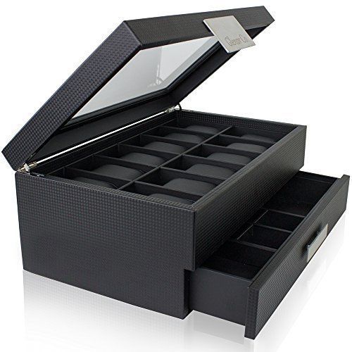 Watch Box with Valet Drawer for Men - 12 Slot Luxury Watch Case Display Organ...
