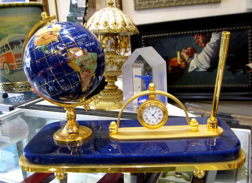 Executive Gemstone Blue Lapis Globe Desk Pen Clock Set Gift Set