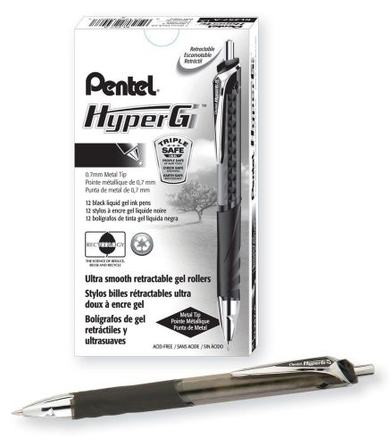 Pentel Hyper G Gel Retractable Roller Ball Medium Point 0.70 mm Black 12 Pens