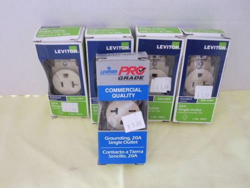 LOT OF 5 LEVITON STANDARD SINGLE OUTLETS-(4)- 20A 125V (1) COMMERCIAL-NIB-WHITE