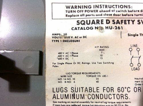 Square D HU261 Electric 30 Amp 240v AC Safety Switch Disconnect