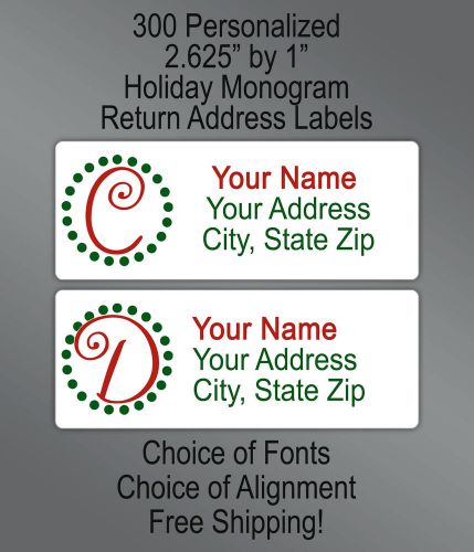 300 Personalized Whismical Christmas Monogram Printed  Return Address Labels