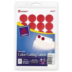 Avery Printable Removable Color-Coding Labels 3/4&#034; dia Red 1008/Pack 05466