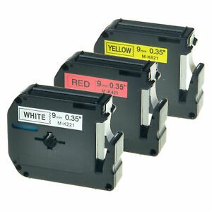 3PK 9mm M-K221 M-K421 M-K621 Black on White Red Yellow Label Tape For Brother