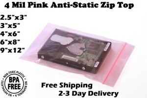 Anti Static Bag Pink Poly Zip Seal 4Mil Reclosable Lock Top 2x,3,5,6,8,9,12&#034;